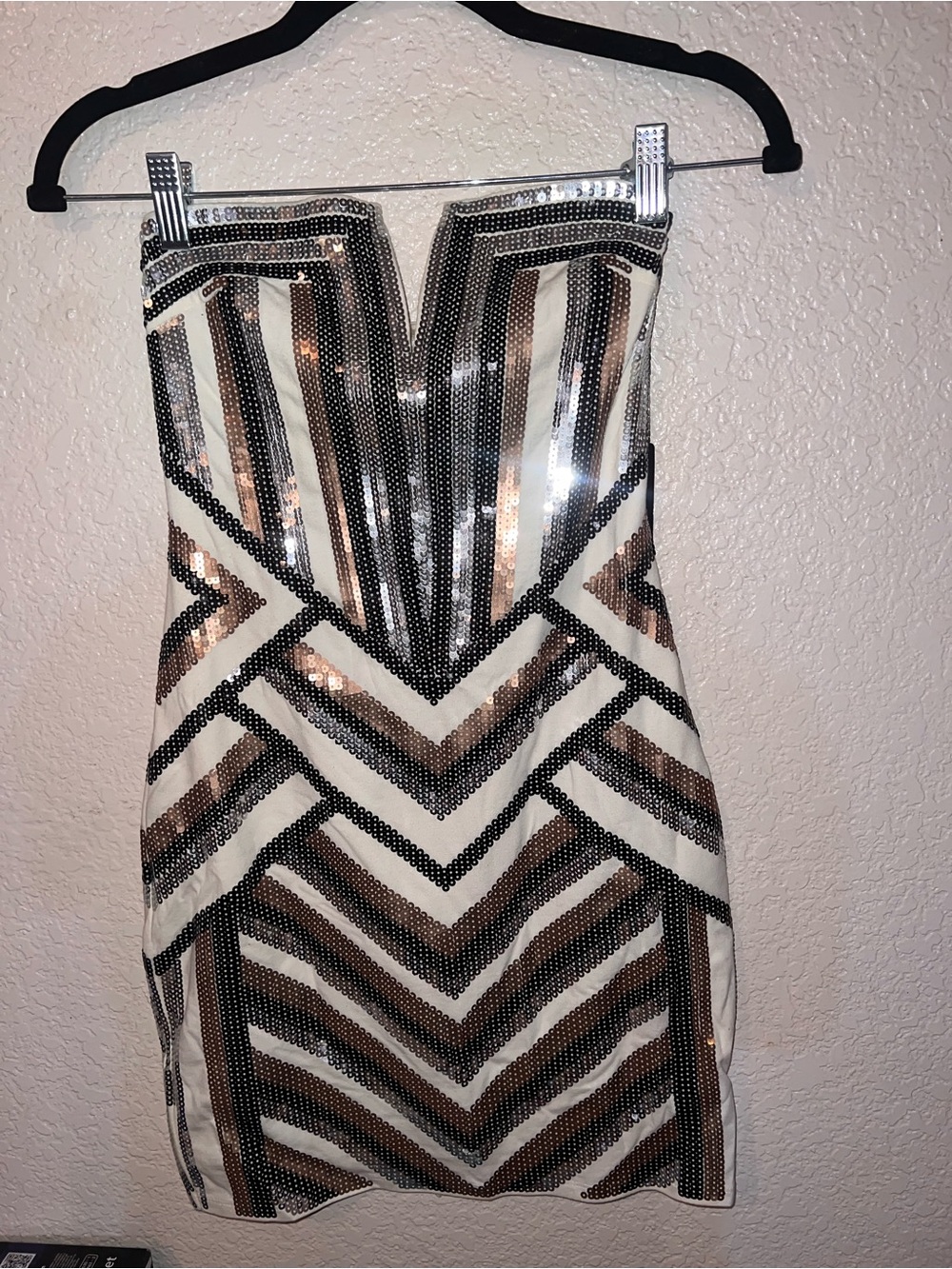 NWT Express Strapless Sequin Bodycon Dress - White, Gold, Black